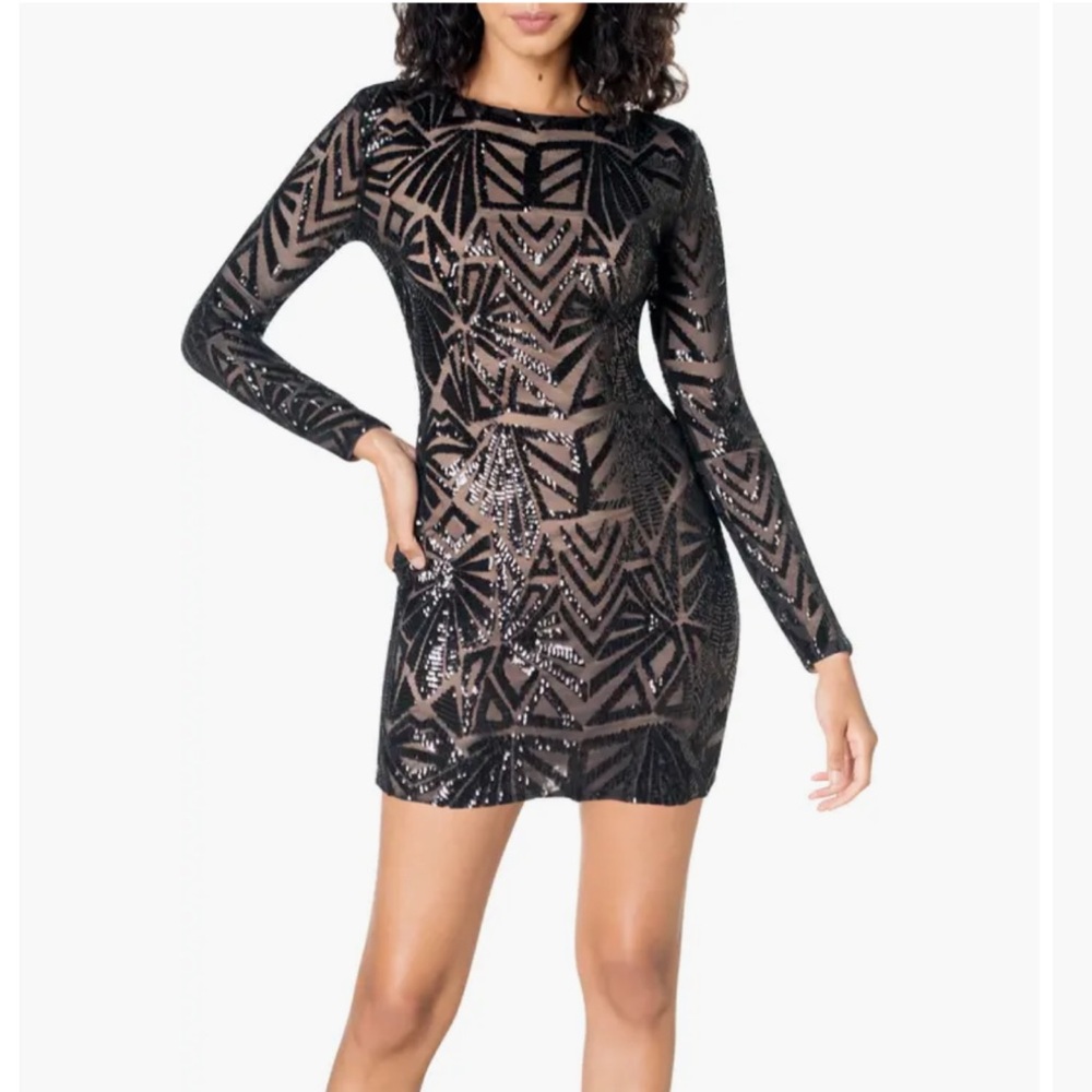 Dress The Population Black Sequin Long Sleeve Bodycon Mini Dress